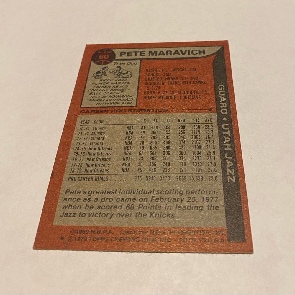 Pete Maravich 1979 Topps Basketball Card # 60 Vintage Collectible - Picture 2 of 3